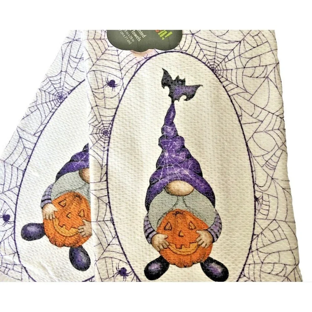 Halloween Kitchen Dish Towels Gnome Pumpkin Spider Web 100% Cotton Set of 2